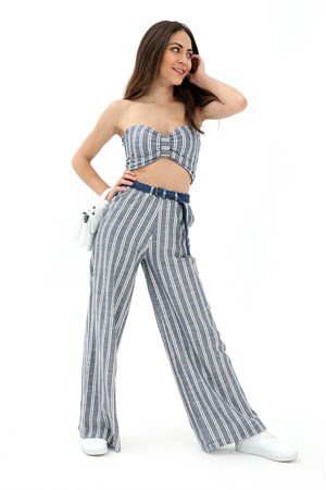Hasır Kemerli Çizgili Keten Pantolon - İndigo