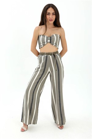 Hasır Kemerli Çizgili Keten Pantolon - Yeşil