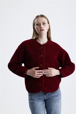 İçi Polarlı Düğmeli Peluş Ceket - Bordo