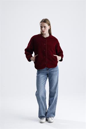 İçi Polarlı Düğmeli Peluş Ceket - Bordo