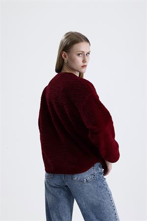 İçi Polarlı Düğmeli Peluş Ceket - Bordo