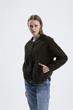 İçi Polarlı Düğmeli Peluş Ceket - Haki