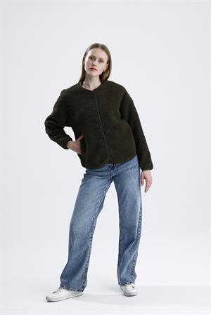 İçi Polarlı Düğmeli Peluş Ceket - Haki