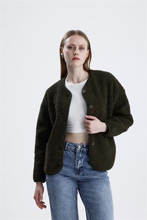 İçi Polarlı Düğmeli Peluş Ceket - Haki