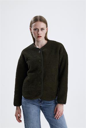 İçi Polarlı Düğmeli Peluş Ceket - Haki