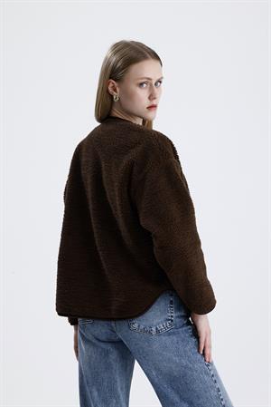 İçi Polarlı Düğmeli Peluş Ceket - Kahve