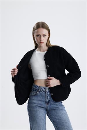 İçi Polarlı Düğmeli Peluş Ceket - Siyah