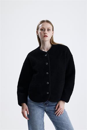 İçi Polarlı Düğmeli Peluş Ceket - Siyah