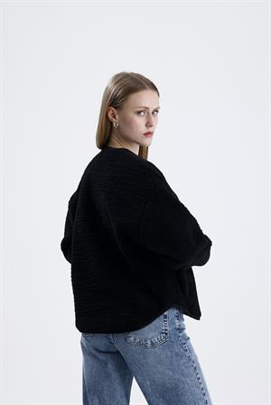 İçi Polarlı Düğmeli Peluş Ceket - Siyah