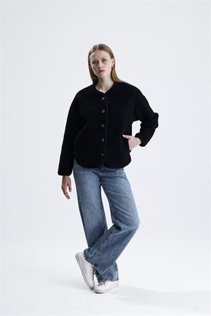 İçi Polarlı Düğmeli Peluş Ceket - Siyah