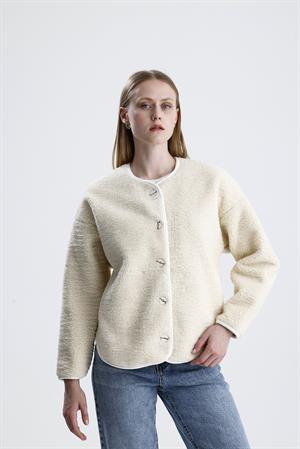 İçi Polarlı Düğmeli Peluş Ceket - Taş