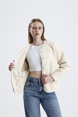 İçi Polarlı Düğmeli Peluş Ceket - Taş