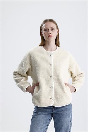 İçi Polarlı Düğmeli Peluş Ceket - Taş