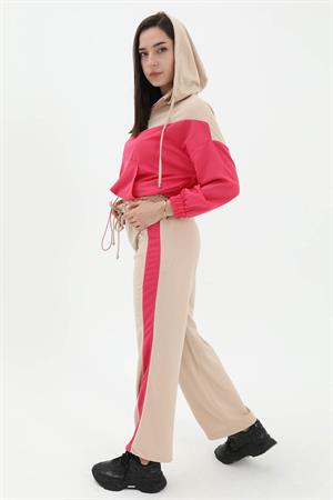 İki Renkli Atlas Kumaş Eşofman Takımı - Fuşya