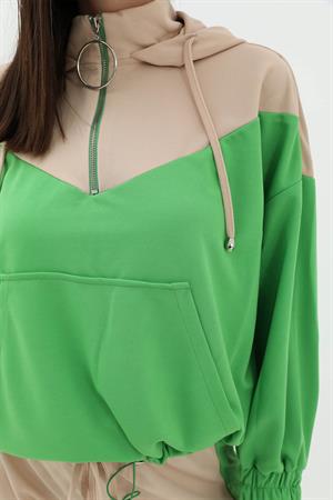 İki Renkli Atlas Kumaş Eşofman Takımı - Yeşil