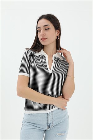 İnce Çizgili Polo Yaka Triko Kazak - Beyaz