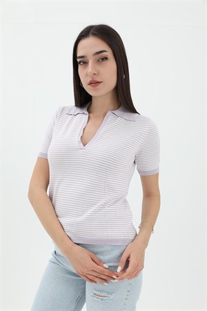 İnce Çizgili Polo Yaka Triko Kazak - Lila