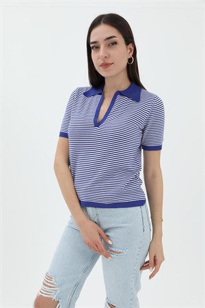 İnce Çizgili Polo Yaka Triko Kazak - SaksMavisi