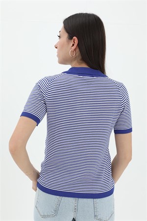İnce Çizgili Polo Yaka Triko Kazak - SaksMavisi