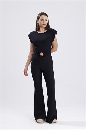 İspanyol Paça Önü Tokalı Vatkalı Takım - Siyah