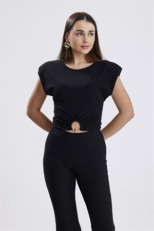 İspanyol Paça Önü Tokalı Vatkalı Takım - Siyah