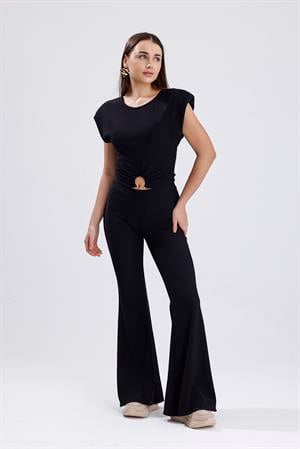 İspanyol Paça Önü Tokalı Vatkalı Takım - Siyah