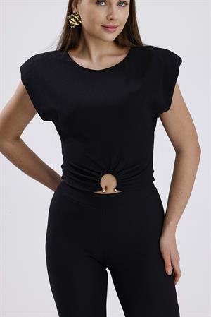 İspanyol Paça Önü Tokalı Vatkalı Takım - Siyah