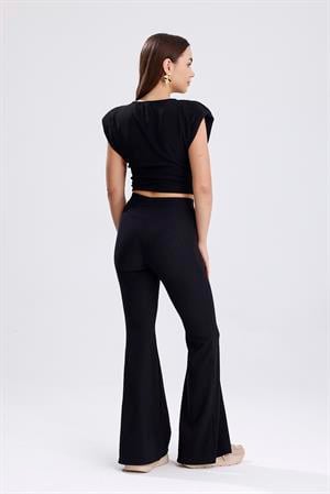 İspanyol Paça Önü Tokalı Vatkalı Takım - Siyah