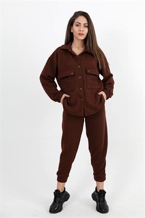 Jakarlı Kapitone İkili Takım - Kahverengi
