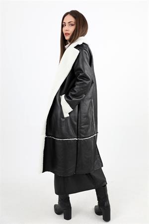 Kaban Kruvaze Yaka İçi Peluş Cepli Süet Uzun - Siyah-Ekru