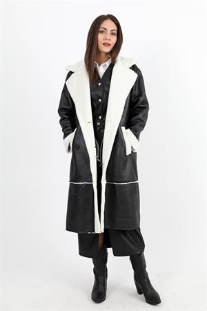 Kaban Kruvaze Yaka İçi Peluş Cepli Süet Uzun - Siyah-Ekru