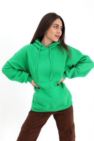 Kapüşonlu Kanguru Cepli Oversize Sweatshirt - Yeşil