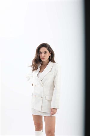 Kare Desen Kruvaze Yaka Ceket - Ekru