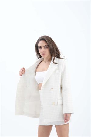 Kare Desen Kruvaze Yaka Ceket - Ekru