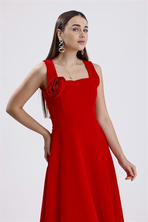 Kare Yaka Gül Detaylı Elbise - Kırmızı