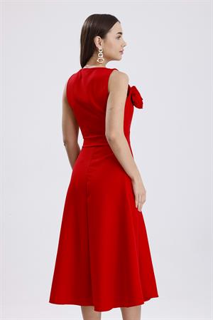 Kare Yaka Gül Detaylı Elbise - Kırmızı