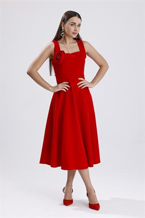 Kare Yaka Gül Detaylı Elbise - Kırmızı