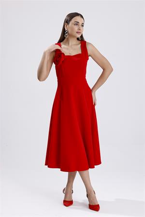 Kare Yaka Gül Detaylı Elbise - Kırmızı