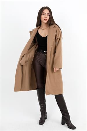 Kaşe Kaban Kruvaze Yaka Kolu Arma Detaylı - Camel