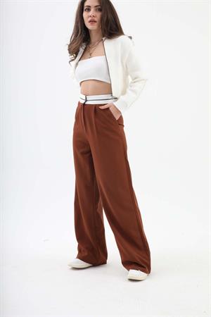 Kemer Detaylı Yüksek Bel Palazzo Pantolon - Kahverengi