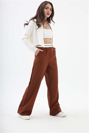 Kemer Detaylı Yüksek Bel Palazzo Pantolon - Kahverengi
