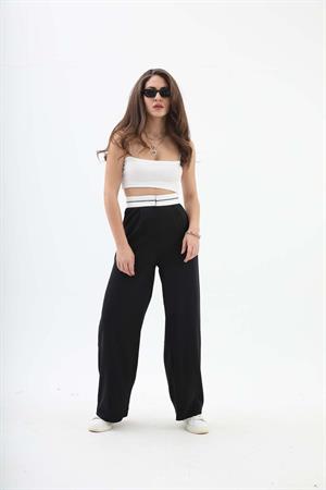 Kemer Detaylı Yüksek Bel Palazzo Pantolon - Siyah