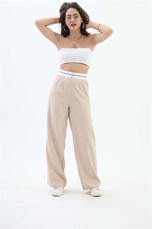 Kemer Detaylı Yüksek Bel Palazzo Pantolon - Bej