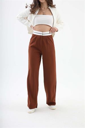 Kemer Detaylı Yüksek Bel Palazzo Pantolon - Kahverengi