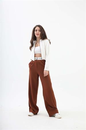 Kemer Detaylı Yüksek Bel Palazzo Pantolon - Kahverengi