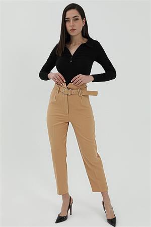 Kemerli Atlas Kumaş Pantolon - Açık Kahve