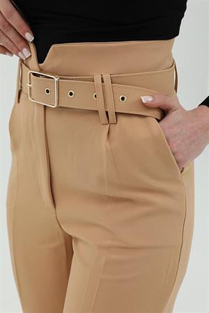 Kemerli Atlas Kumaş Pantolon - Açık Kahve