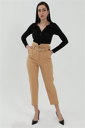 Kemerli Atlas Kumaş Pantolon - Açık Kahve