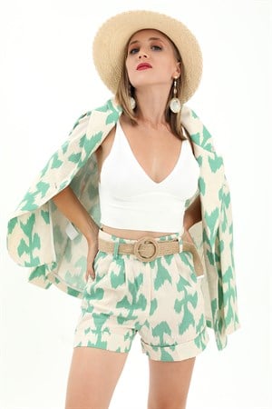 Kemerli Desenli Oversize Blazer Ceket - Yeşil