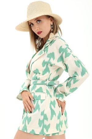 Kemerli Desenli Oversize Blazer Ceket - Yeşil